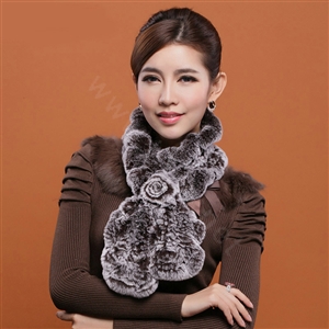 Fashion Women Knitted Rex Rabbit Fur Scarves Winter warm Flower Wave Neck wraps - Coffee