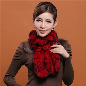 Fashion Women Knitted Rex Rabbit Fur Scarves Winter warm Flower Wave Neck wraps - Red