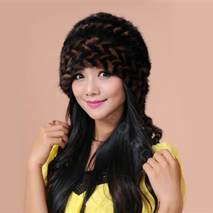 Fashion Women Mink hair Fur Hat Winter Warm Handmade Knitted Caps - Black Coffee
