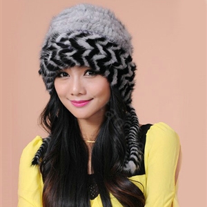 Fashion Women Mink hair Fur Hat Winter Warm Handmade Knitted Caps - Grey Black