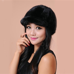 Fashion Women Mink hair Fur Hats Winter Warm Whole Leather Peaked Caps - Black