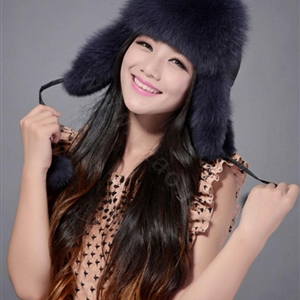 Fox fur leifeng hat for women man thermal winter windproof Ear protector Caps - Dark blue