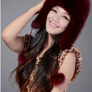 Fox fur leifeng hat for women thermal winter windproof Ear protector Caps - Dark red