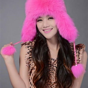 Fox fur leifeng hat for women thermal winter windproof Ear protector Caps - Pink
