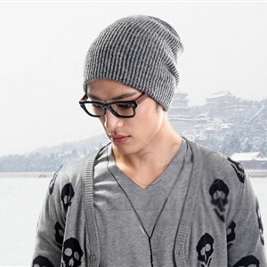 Men's fashion autumn winter genuine wool hat thermal warm casual knitted caps - Grey