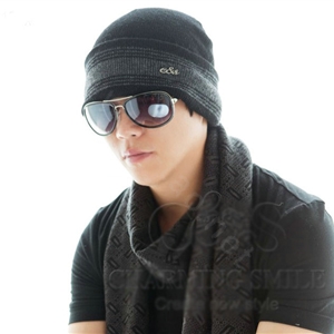 Men's fashion autumn winter genuine wool hat warm stripe casual knitted caps - Black