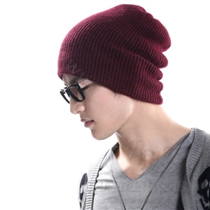 Men's fashion autumn winter genuine wool hat warm thermal casual knitted caps - Deep red