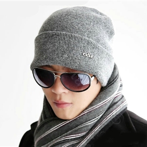 Men's fashion autumn winter genuine wool hat warm thermal casual knitted caps - Grey
