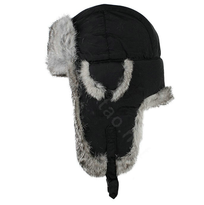 Rabbit fur leifeng hat for man thermal winter windproof Ear protector Caps L size - Black