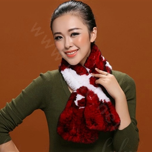 Women Fashion Knitted Rex Rabbit Fur Scarves Flower Winter Warm Scarf Wraps - White Red
