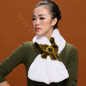 Women Fashion Knitted Rex Rabbit Fur Scarves Flower Winter Warm Scarf Wraps - White Yellow