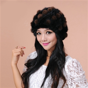 Women Knitted Mink hair Fur Hat Winter Warm Handmade Flower fur ball Caps - Black Brown