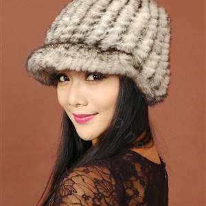 Women Knitted Mink hair Fur Hats Winter Warm Whole Leather Peaked Caps - Beige