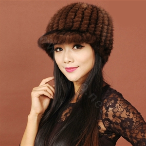 Women Knitted Mink hair Fur Hats Winter Warm Whole Leather Peaked Caps - Brown