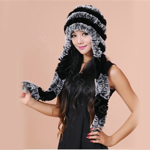Women Knitted Rex Rabbit Fur Hats Thicker Winter Ear protector Scarf Warm Caps - Black Grey