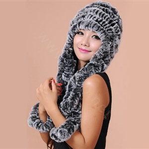 Women Knitted Rex Rabbit Fur Hats Thicker Winter Ear protector Scarf Warm Caps - Black