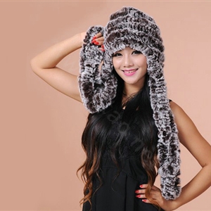 Women Knitted Rex Rabbit Fur Hats Thicker Winter Ear protector Scarf Warm Caps - Brown