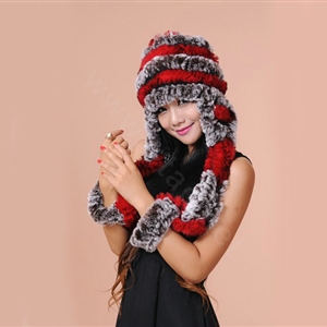 Women Knitted Rex Rabbit Fur Hats Thicker Winter Ear protector Scarf Warm Caps - Red Brown