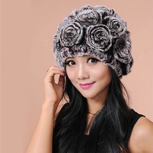 Women Knitted Rex Rabbit Fur Hats Thicker Winter Flower Handmade Warm Caps - Brown