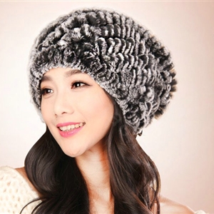 Women Knitted Rex Rabbit Fur Hats Thicker Winter Fur Ball Handmade Warm Caps - Black Grey