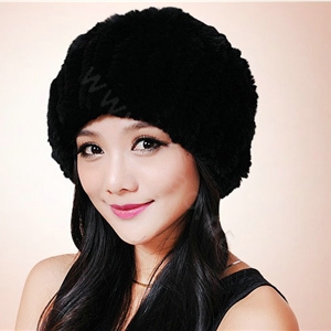 Women Knitted Rex Rabbit Fur Hats Thicker Winter Fur Ball Handmade Warm Caps - Black
