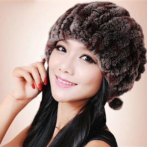 Women Knitted Rex Rabbit Fur Hats Thicker Winter Fur Ball Handmade Warm Caps - Coffee