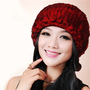 Women Knitted Rex Rabbit Fur Hats Thicker Winter Fur Ball Handmade Warm Caps - Red