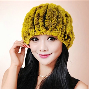 Women Knitted Rex Rabbit Fur Hats Thicker Winter Fur Ball Handmade Warm Caps - Yellow