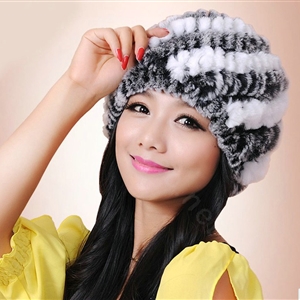 Women Knitted Rex Rabbit Fur Hats Thicker Winter Handmade Thermal Twill Caps - Black White