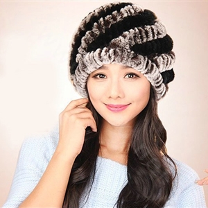 Women Knitted Rex Rabbit Fur Hats Thicker Winter Handmade Thermal Twill Caps - Brown Black