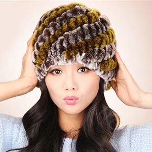 Women Knitted Rex Rabbit Fur Hats Thicker Winter Handmade Thermal Twill Caps - Brown Yellow