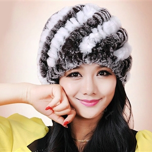 Women Knitted Rex Rabbit Fur Hats Thicker Winter Handmade Thermal Twill Caps - Coffee White