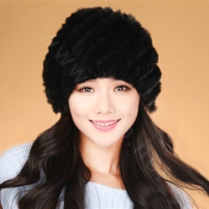 Women Knitted Rex Rabbit Fur Hats Thicker Winter Handmade Thermal Twill Caps - Dark Black