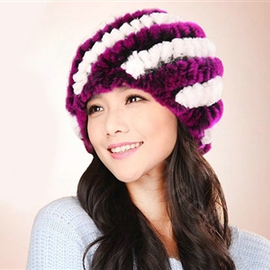 Women Knitted Rex Rabbit Fur Hats Thicker Winter Handmade Thermal Twill Caps - White Purple