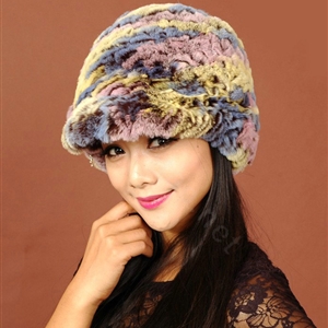 Women Knitted Rex Rabbit Fur Hats Thicker Winter Handmade Warm Peaked Caps - Multicolor