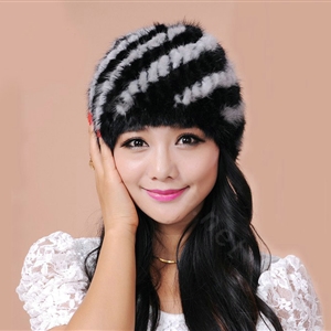 Women Mink hair Fur Hat Winter Thicker Warm Handmade Knitted Twill Caps - Black Grey