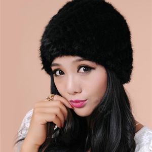 Women Mink hair Fur Hat Winter Thicker Warm Handmade Knitted Twill Caps - Black