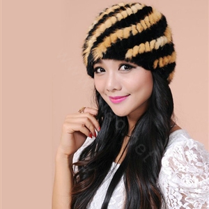 Women Mink hair Fur Hat Winter Thicker Warm Handmade Knitted Twill Caps - Yellow Black