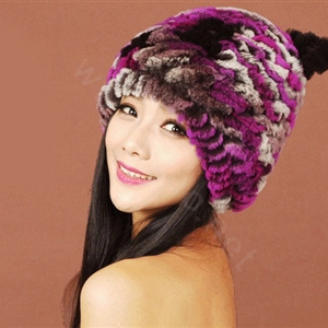 Women Rex Rabbit Fur Hats Knitted Thicker Winter Warm Cute Panda Caps - Purple