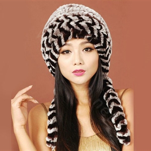 Women Rex Rabbit Fur Hats Knitted Thicker Winter Warm Ear protector Caps - Brown Black