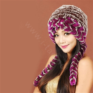 Women Rex Rabbit Fur Hats Knitted Thicker Winter Warm Ear protector Caps - Brown Purple