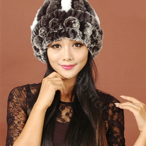 Women Rex Rabbit Fur Hats Knitted Thicker Winter Warm Flower lace Caps - Black