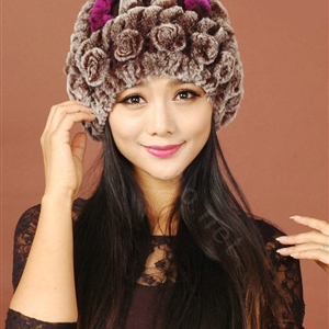 Women Rex Rabbit Fur Hats Knitted Thicker Winter Warm Flower lace Caps - Brown Purple
