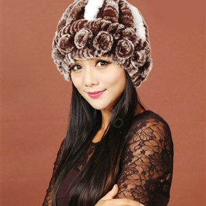 Women Rex Rabbit Fur Hats Knitted Thicker Winter Warm Flower lace Caps - Brown White