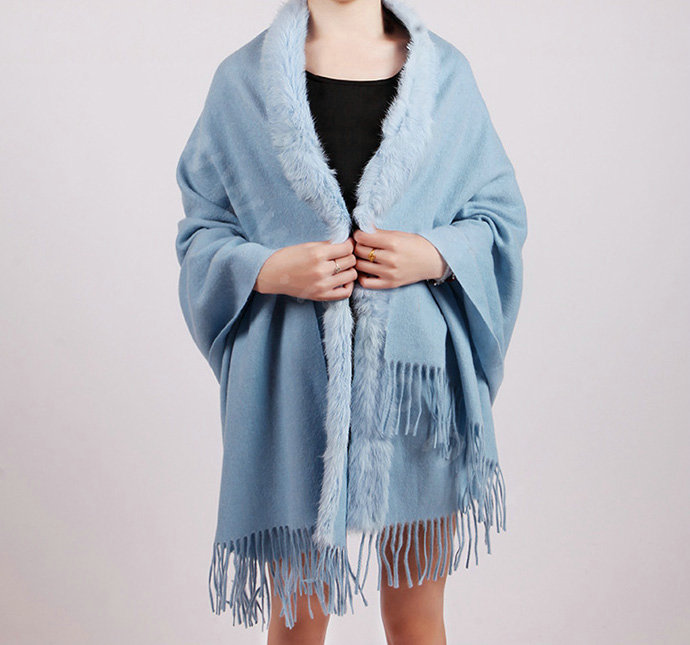 100% Wool Wraps Rabbit Fur Scarf Shawls Female Winter Warm Pashmina - Blue