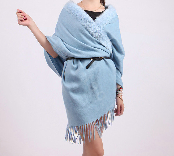 100% Wool Wraps Rabbit Fur Scarf Shawls Female Winter Warm Pashmina - Blue