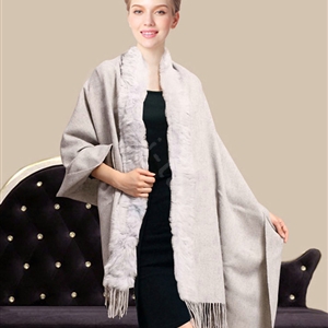 100% Wool Wraps Rabbit Fur Scarf Shawls Female Winter Warm Pashmina - Light Gray