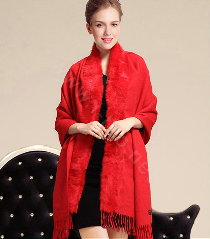 100% Wool Wraps Rabbit Fur Scarf Shawls Female Winter Warm Pashmina - Red