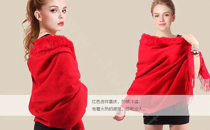 100% Wool Wraps Rabbit Fur Scarf Shawls Female Winter Warm Pashmina - Red