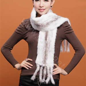 Genuine Knitted Mink fur scarf women winter warm female Tassel neck wraps - White